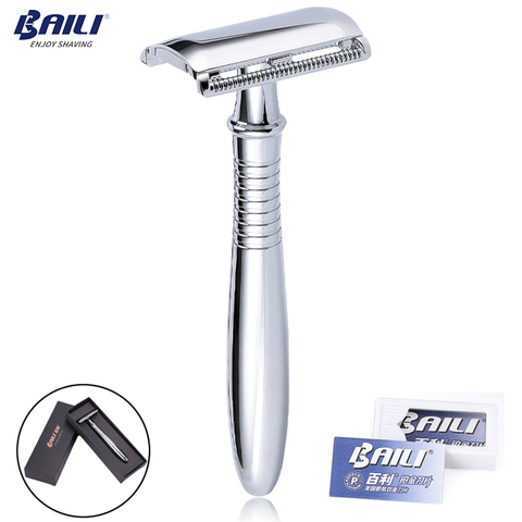 BAILI Manual Chrome Long Handle Men's Barber Shaving Safety Blade Razor Classic Stainless Shaver +5 Blades +Case BD191 ► Photo 1/6