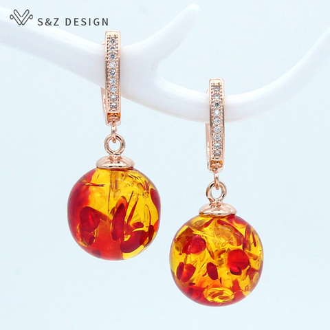S&Z Round 14mm Flower ambers Dangle Earrings 585 Rose Gold Japanese South Korean Eardrop Temperament Vintage earrings for women ► Photo 1/6