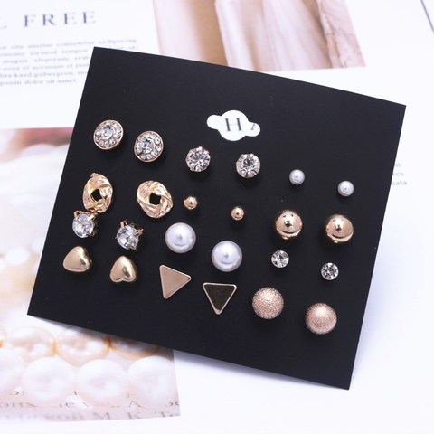 Trendy 12 pairs/set Cute Triangle Crystal Heart Stud Earrings for Women Ball Simulated Pearl Flower Earring Set brincos ► Photo 1/6