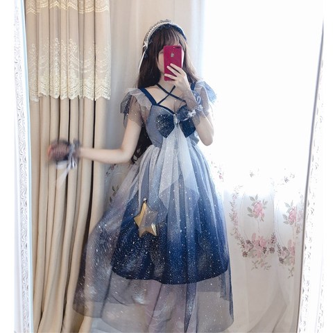 Lolita Starry sky Mesh dress Sailor Moon Big bow Sling dress Blue and white gradient Cute Girl ► Photo 1/6