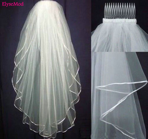 New White Ivory Wedding 2T Bridal Veil Elbow Length Satin Ribbon Edge with Comb Bride Bridal Veils ► Photo 1/1