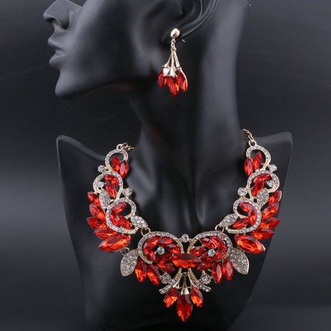OEOEOS Red Crystal Statement Necklace Earrings Set Gold Color Jewelry Sets Indian Bridal Wedding Costume Jewellery for Women ► Photo 1/6