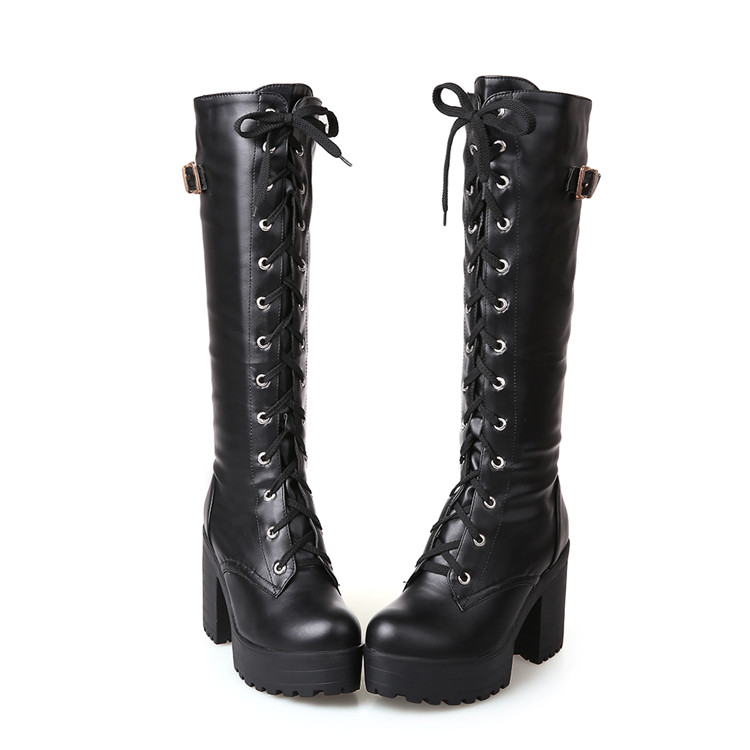 Women Lace Up Knee High Combat Boots Block Mid Chunky Heel Platform Knight Shoes 