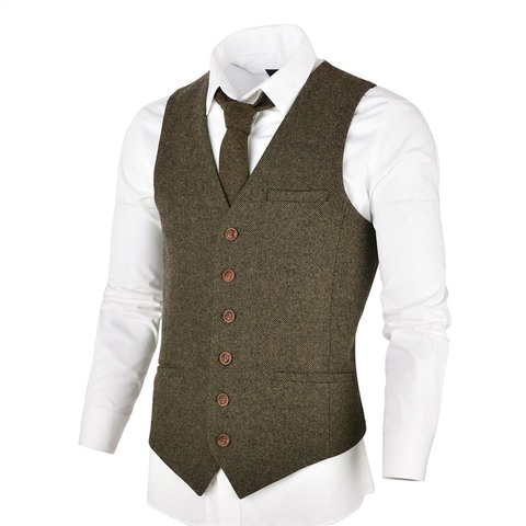 VOBOOM Wool Tweed Mens Waistcoat Single-breasted Herringbone Slim Fitted Suit Vests 007 ► Photo 1/6