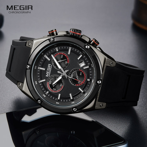 Megir Men Black Silicone Sports Quartz Wrist Watches Luminous Relojios Relojes Waterproof Chronograph Clock Montres Q2073G-BK-1 ► Photo 1/6