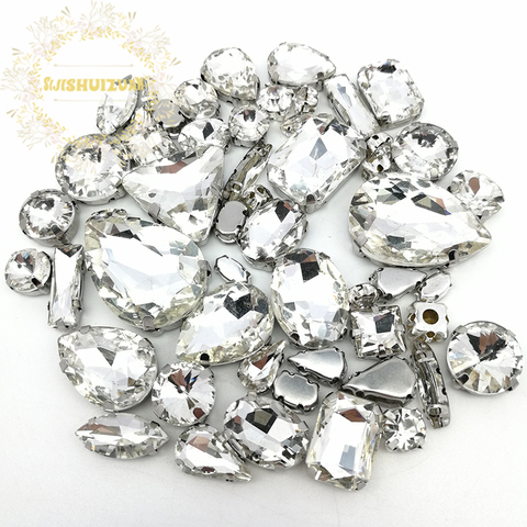 Popular! MIX White Size Crystal Glass Sew-on Rhinestones Silver Bottom DIY Women's Dresses and shoes 52pcs 23sizes 10shapes ► Photo 1/4