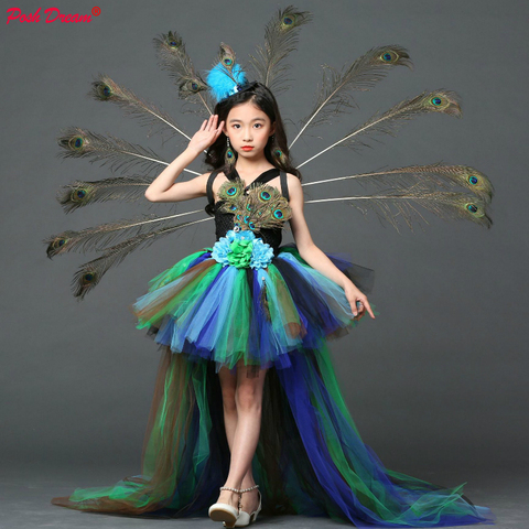 POSH DREAM Girl Peacock Flower Party Tutu Dresses for Halloween with Train Tulle Peacock Princess Children Party Evening Dress ► Photo 1/6