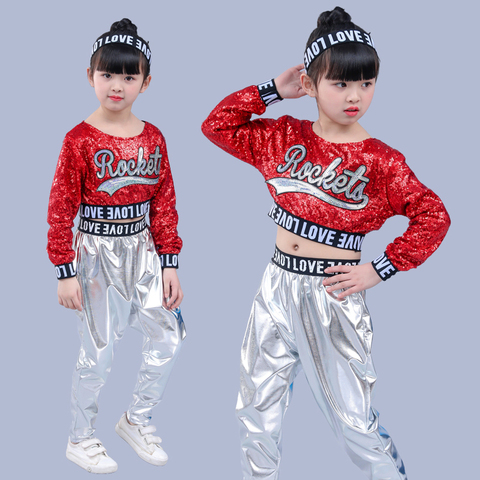 Red Girl Jazz Dance Children Sequin Hip Hop Dance Costume Sparkly Stage Jazz Dance Costumes Suit Girls Crop Top and Pants ► Photo 1/1