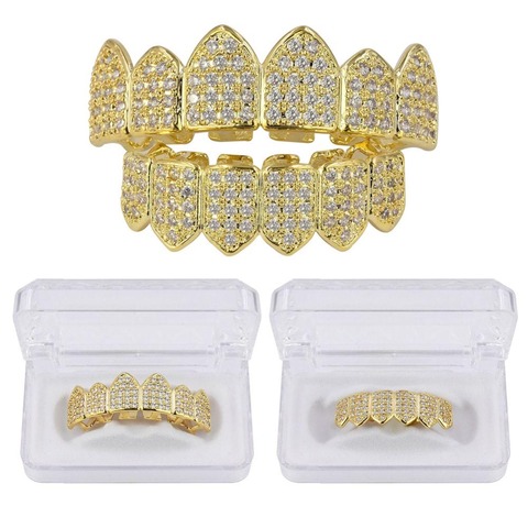 TOPGRILLZ Hip Hop Grillz Teeth Caps Gold Color Plated Luxury Micro Pave CZ Stones Top & Bottom Teeth Grills Set Ship From US ► Photo 1/6