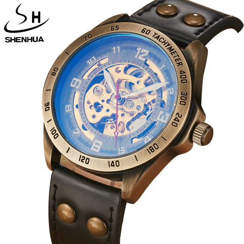 SHENHUA Top Brand Mens Mechanical Watches For Males Retro Automatic Skeleton Steampunk Leather Mechanical Watches Luxury Gifts ► Photo 1/6