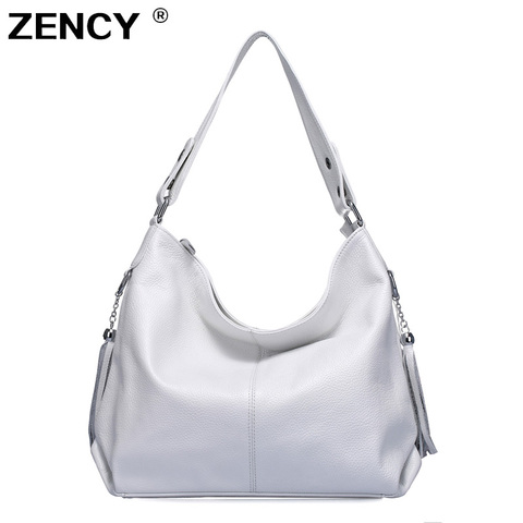 ZENCY Soft 100% Genuine Natural Cow Leather Women Handbag First Layer Cowhide Long Handle Shoulder Bag White Silver Gray Bags ► Photo 1/6
