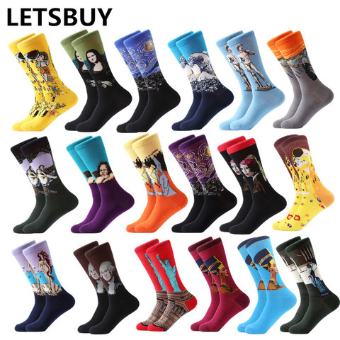 LETSBUY 1pair Combed Cotton Colorful Van Gogh Retro Oil Painting Men Socks cool casual Dress Funny party dress crew Socks ► Photo 1/6