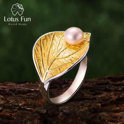 Lotus Fun Real 925 Sterling Silver Natural Pearl 18K Gold Leaf Ring Fine Jewelry Creative Open Rings for Women Christmas Gift ► Photo 1/6
