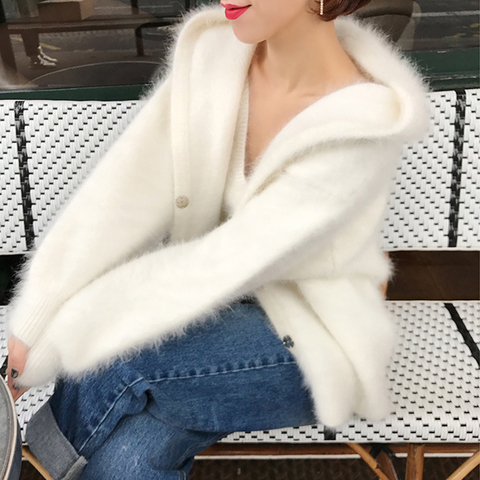 Hooded Classical Knitted Pure Genuine Mink Cashmere Sweater Coat Natural 2022 Soft Winter Autumn Cardigans with hood tbsr337 ► Photo 1/5