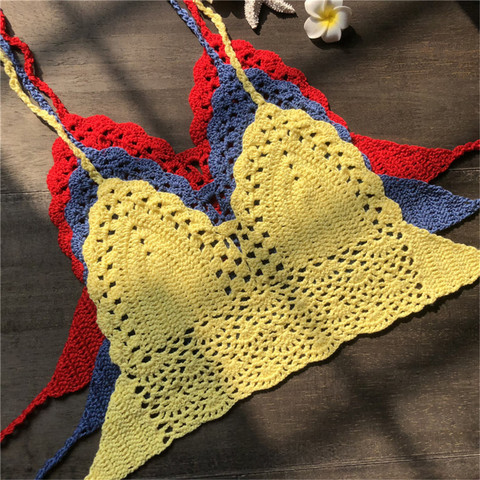 Women Bikini Crop Top Crochet Boho Bralette Halter Cami Knitted