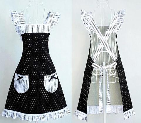 Princess Frill Lace Black White Polka Dot Kitchen Cooking Aprons for Women with Pockets Cross Back Drop Shipping ► Photo 1/5