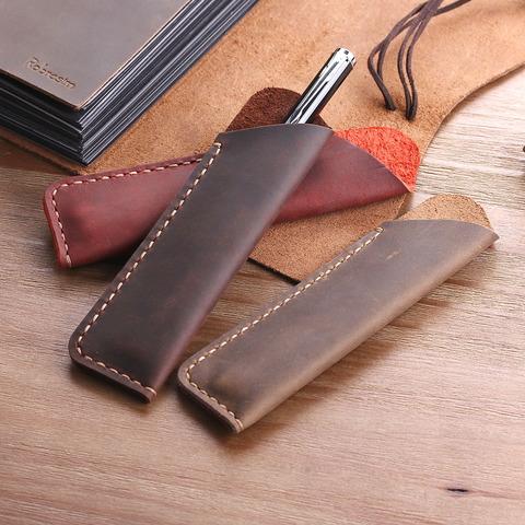 Antique Handmade Genuine Leather Fountain Pen Bag, Double Pen Holder Pouch Bag, Soft Pencil Protective Sleeve Cover ► Photo 1/6