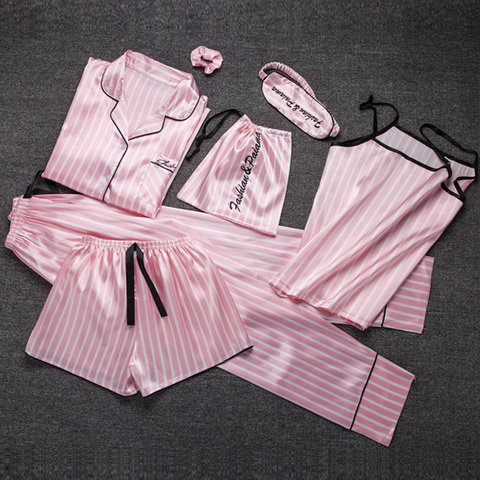 Summer autumn 7 Pcs Set Silk Elegant pajamas for Women stripe pink Shorts pajama set Long Sleeve Top Pants Full Lounge Sleepwear ► Photo 1/6