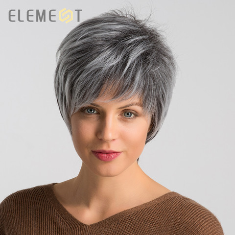 ELEMENT 6 Inch Short Synthetic Straight Gray Mix White Color Wigs Natural Hairline Party Work Wigs for White/Black Women ► Photo 1/6