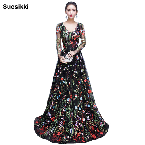 New Design embroidery Evening Dresses long high quality Charming A-line Lace full Sleeves Prom Party Gown robe de soiree ► Photo 1/1