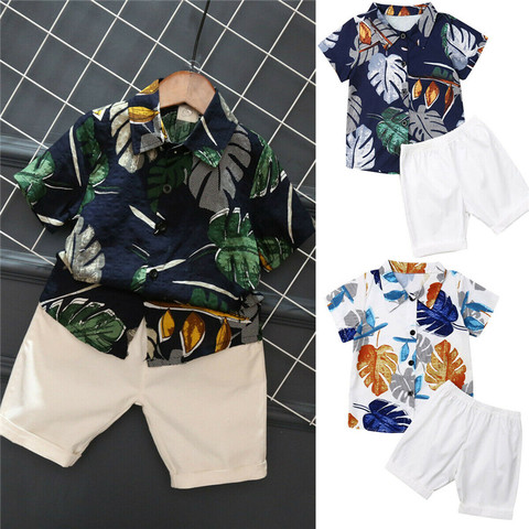 Summer Kids Baby Boy Clothes Boho Sets 2Pcs Leaves Printed Shorts Sleeve T-shirts+Elastic Waist Shorts Boy Cotton Outfits 1-6Y ► Photo 1/6