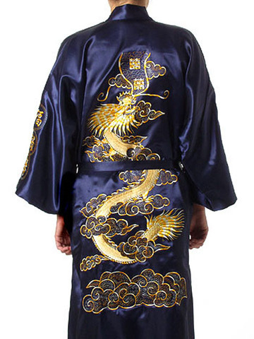 Navy Blue Chinese Men Silk Satin Robe Novelty Traditional Embroidery Dragon Kimono Yukata Bath Gown Size S M L XL XXL MR002 ► Photo 1/5