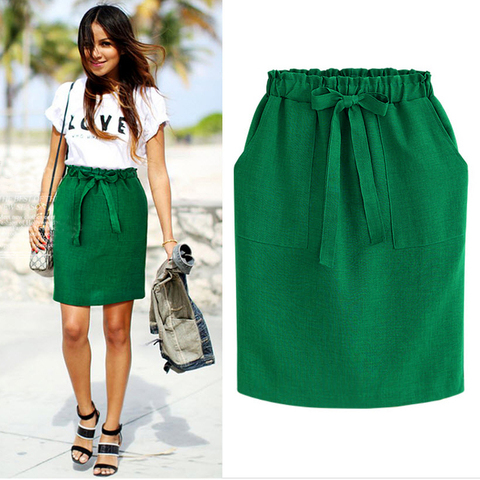 2022 New Spring Summer Elegant Midi Skirts Womens Office Pencil Skirt Cotton Elastic Waist Package Hip Skirt Bow Skirt Green ► Photo 1/6