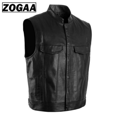 ZOGGA 2022 Men Vest Black Biker Motorcycle Hip Hop Waistcoat Male Faux Leather Punk Solid Black Spring Sleeveless Leather Vest ► Photo 1/6