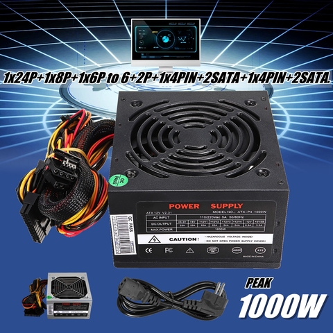 Black 1000W Power Supply PSU PFC Silent Fan ATX 24pin 12V PC Computer SATA Gaming PC Power Supply For Intel AMD Computer ► Photo 1/6