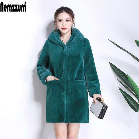 Nerazzurri winter women fur coat with hood long sleeve red black warm fur pockets plus size plush fluffy fake fur jacket 5xl 6xl ► Photo 1/6