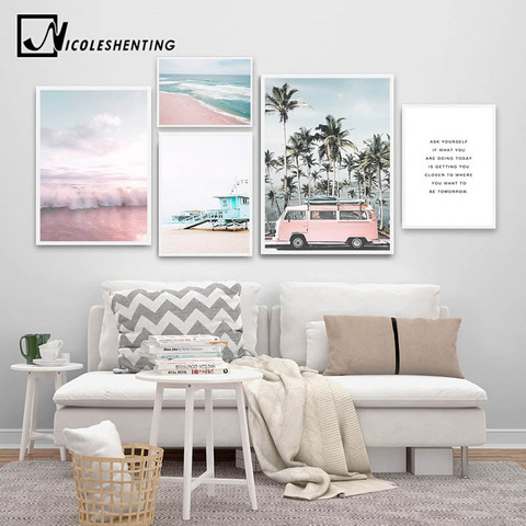 Ocean Landscape Canvas Poster Nordic Style Beach Pink Bus Wall Art Print Painting Decoration Picture Scandinavian Home Decor ► Photo 1/6