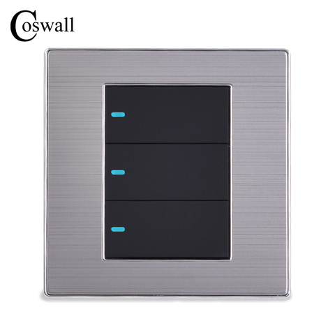 COSWALL 3 Gang 1 Way Luxury LED Light Switch On / Off Wall Switch Brushed Silver Panel Power Conmutador 10A AC 110~250V ► Photo 1/1