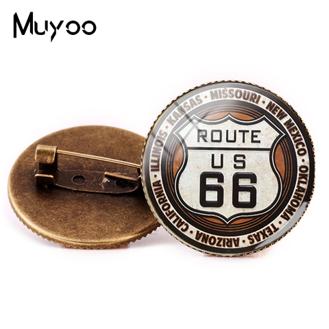 2022 New ROUTE 66 Brooch Pin USA ROUTE 66 Road Logo Brooches Glass Cabochon Jewelry Accessory Weathered Road Sign ► Photo 1/6