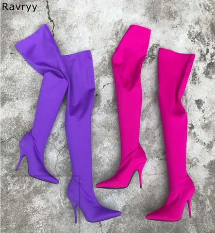 Purple Elastic Long Boots Woman over-the-knee Boots Thin Heel Booties 2022 Hot Fashion Autumn Winter Female Dress Shoes ► Photo 1/5