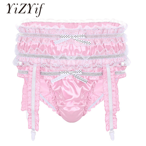 YiZYiF Underwear Men Sissy Panties Lingerie Shiny Satin Ruffled Frilly Low Rise Stretchy Briefs with Garters panties Sexy Men ► Photo 1/6