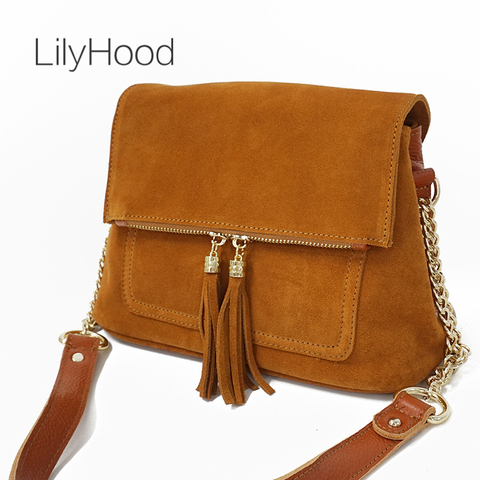 LilyHood Women Genuine Leather Fringe Shoulder Bags Fashion Cow Suede Tassel Brown Chain Multi Pockets Crossbody Bucket Bags ► Photo 1/6