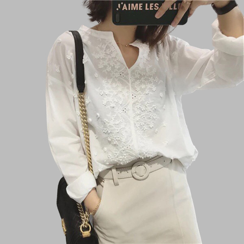 V Neck Floral Embroidery Shirt Women Long Sleeve Cotton Shirts Spring Summer ► Photo 1/5