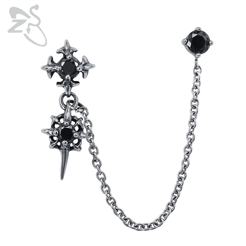 ZS Double Cross Punk Chain Tassel Stud Earrings for Men Gothic