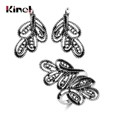 Kinel 2pcs Vintage Jewelry Sets Antique Silver Color Hollow Flower Rings And Crystal Stud Earring Luxury Party Accessories Gift ► Photo 1/6