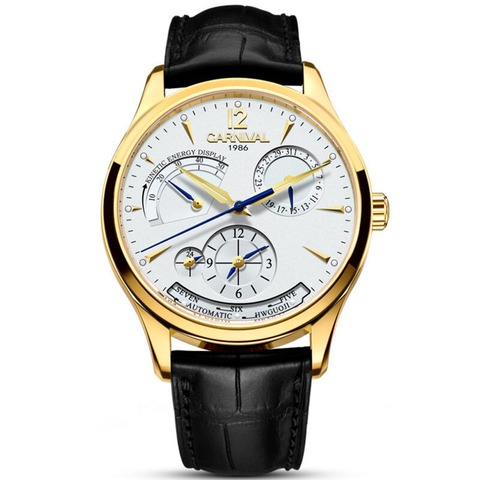 Carnival Mens Dual Time Zone Display Multifunction Leather Watchband Automatic Mechanical Watch - gold bezel white dial ► Photo 1/5
