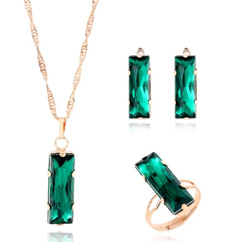 New Women Jewelry Set Gold Color Lovely Charm Green Gem Rectangle Earring Necklace Ring 3 Pcs Statement Jewelry Set For Wedding ► Photo 1/3