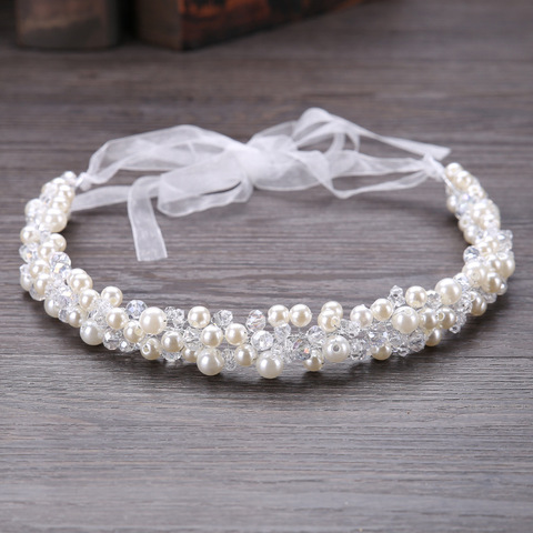 New Crystal Beads Ribbon Bridal Hairbands Women Pearl Headbands Rhinestone Beaded Head Piece Wedding Head Chain Hair Jewelry ► Photo 1/5