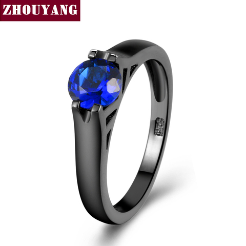 ZHOUYANG Ring For Women Man Simple Round Cut Blue Cubic Zirconia Black Gold Color Cocktail Party Fashion Jewelry ZYR621 ► Photo 1/6