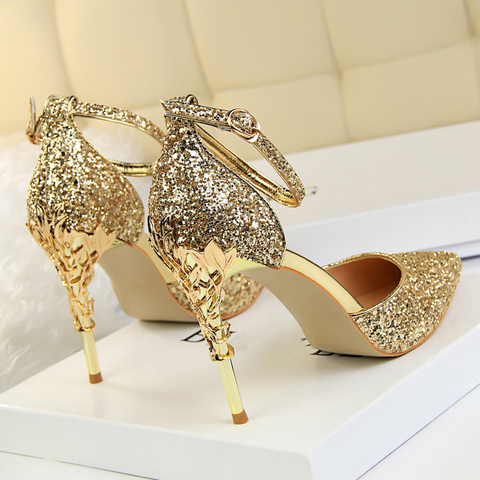 2022 Sexy Women Low 7.5cm 9.5cm High Heels Sandals Wedding Scarpins Metal Heels Sandals Strap Stiletto Bridal Glitter Gold Pumps ► Photo 1/6