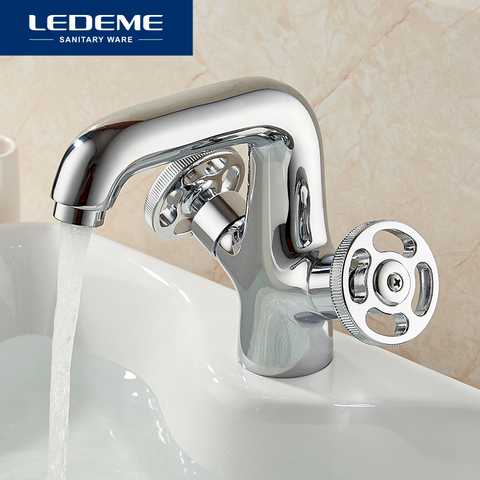 LEDEME Basin Faucet Round Wheel design Dual Holder Brass Vessel Tap Bathroom Faucet Chrome Modern Waterfall Faucets L1089 ► Photo 1/6