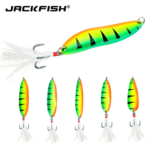 JACKFIS Metal Spoon Lure 5g/9g/13g/18g/21g Saltwater Fishing Lure With Feather Laser Body Sinking Bait For Carp Fishing Bait ► Photo 1/5