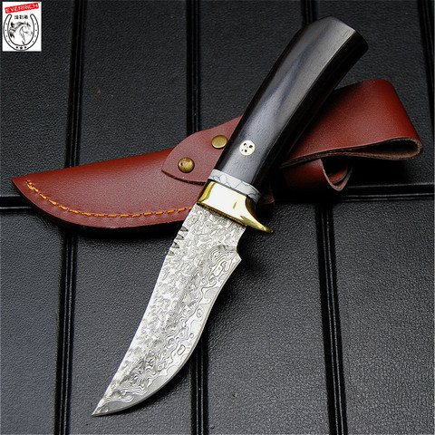 Damascus outdoor rescue straight knife with close-in defense tactics straight knife north American hunting knife + leather case ► Photo 1/6