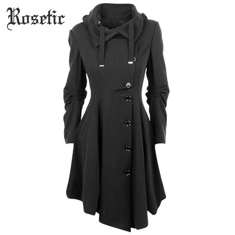 Rosetic Gothic Long Trench Coat Black Slim Asymmetric Lapel Collar Button Elegant Autumn Winter Vintage Goth Overcoat Outwears ► Photo 1/6