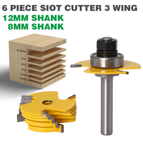 2Pc 6 Piece Slot Cutter 3 Wing Router Bit Set Woodworking Chisel Cutter Tool- 8