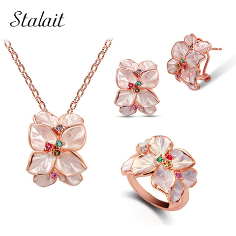 Colorful Drop the oil flower necklace earrings ring jewelry sets fashion bridal Gold Color Austrian Crystal leaf pendant ► Photo 1/6